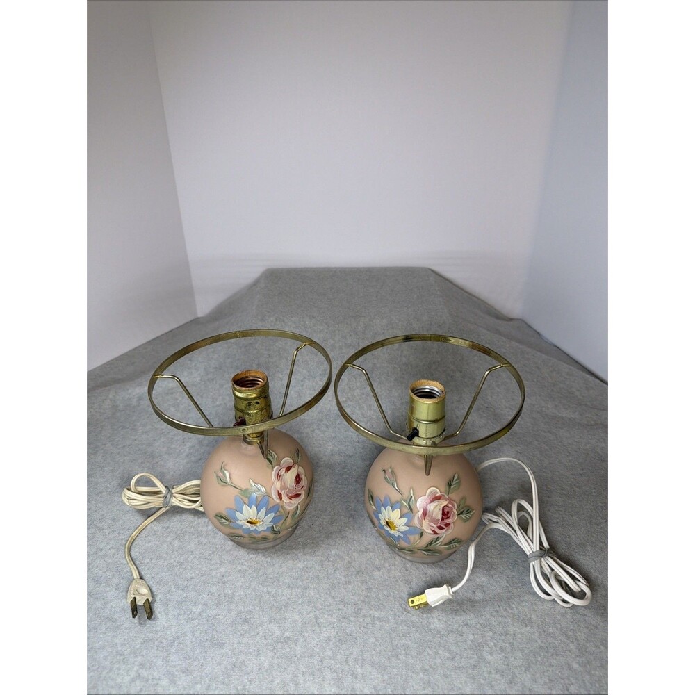 Pair Vintage Hand Painted Gone With The Wind Style Pink Floral Table Lamps Base